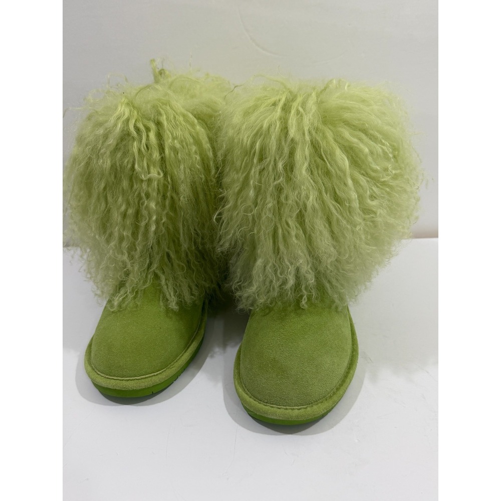Bearpaw Boots Lime Green Shaggy Fur Boots Cow Hair Curly Lamb Wool Womens 10